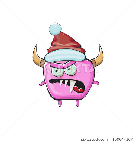 Vector cartoon funky pink monster with Santa Claus red hat isolated on white background. Funny and cute Childrens Merry Christmas greeting card with funny PINK monster elf Santa Claus character. 108644107