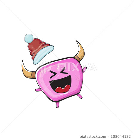 Vector cartoon funky pink monster with Santa Claus red hat isolated on white background. Funny and cute Childrens Merry Christmas greeting card with funny PINK monster elf Santa Claus character. Vector cartoon funky pink monster with Santa Claus red hat isolated on white background. Funny and cute Childrens Merry Christmas greeting card with funny PINK monster elf Santa Claus character. 108644122