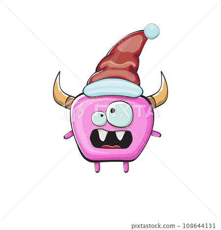 Vector cartoon funky pink monster with Santa Claus red hat isolated on white background. Funny and cute Childrens Merry Christmas greeting card with funny PINK monster elf Santa Claus character. 108644131