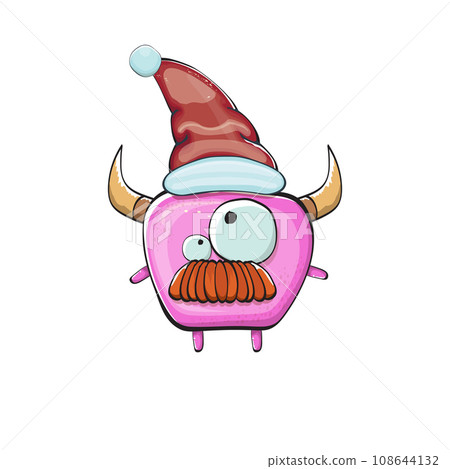 Vector cartoon funky pink monster with Santa Claus red hat isolated on white background. Funny and cute Childrens Merry Christmas greeting card with funny PINK monster elf Santa Claus character. 108644132