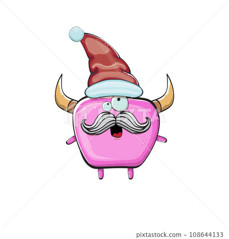 Vector cartoon funky pink monster with Santa Claus red hat isolated on white background. Funny and cute Childrens Merry Christmas greeting card with funny PINK monster elf Santa Claus character. Vector cartoon funky pink monster with Santa Claus red hat isolated on white background. Funny and cute Childrens Merry Christmas greeting card with funny PINK monster elf Santa Claus character. 108644133