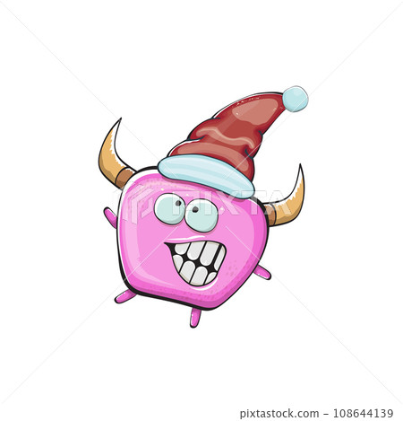 Vector cartoon funky pink monster with Santa Claus red hat isolated on white background. Funny and cute Childrens Merry Christmas greeting card with funny PINK monster elf Santa Claus character. Vector cartoon funky pink monster with Santa Claus red hat isolated on white background. Funny and cute Childrens Merry Christmas greeting card with funny PINK monster elf Santa Claus character. 108644139