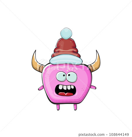 Vector cartoon funky pink monster with Santa Claus red hat isolated on white background. Funny and cute Childrens Merry Christmas greeting card with funny PINK monster elf Santa Claus character. Vector cartoon funky pink monster with Santa Claus red hat isolated on white background. Funny and cute Childrens Merry Christmas greeting card with funny PINK monster elf Santa Claus character. 108644149
