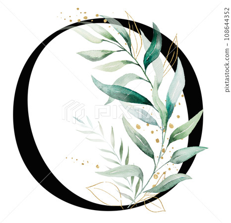 Black letter O with green a watercolor leaves, isolated wedding illustration, Alphabet Element 108644352