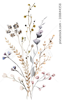 Bouquet with watercolor autumn wild flowers and leaves, Brown and beige wedding illustration 108644358