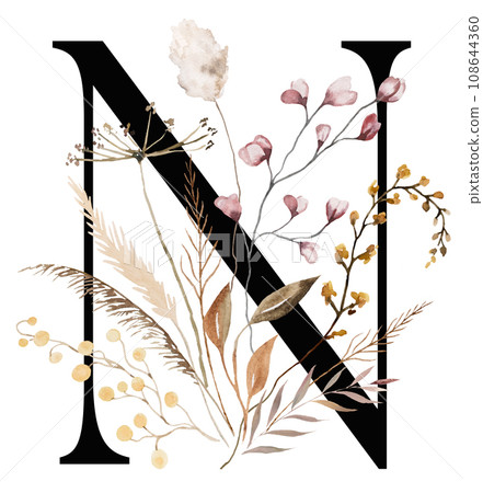 Black capital letter N with brown autumn watercolor wildflowers and leaves, isolated illustration Black capital letter N with brown autumn watercolor wildflowers and leaves, isolated illustration 108644360