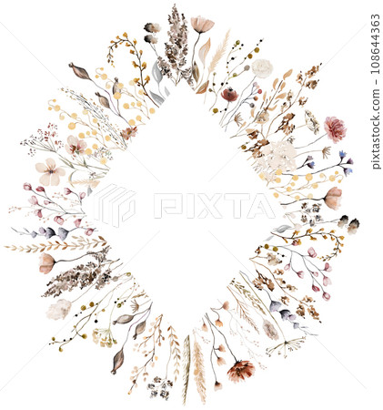 Frame with watercolor autumn brown wild flowers and leaves, wedding illustration Frame with watercolor autumn brown wild flowers and leaves, wedding illustration 108644363