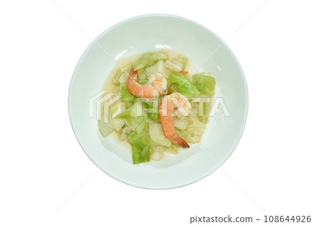 fried slice cabbage with shrimp in soy sauce on plate fried slice cabbage with shrimp in soy sauce on plate 108644926