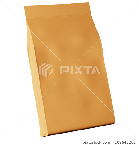 Brown pouch bag coffee beans branding isolated 3D rendering. Merchandise packaging logo design promo. Product template 108645292