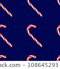 Christmas candy cane 3D render blue background. Saint Nicholas Day lollipop caramel stick Festive ornaments decoration. 108645293