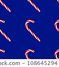 Christmas candy cane 3D render blue background. Saint Nicholas Day lollipop caramel stick Festive ornaments decoration. 108645294