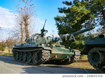 Parked Ground Self-Defense Force Type 74 tank Parked Ground Self-Defense Force Type 74 tank 108645339