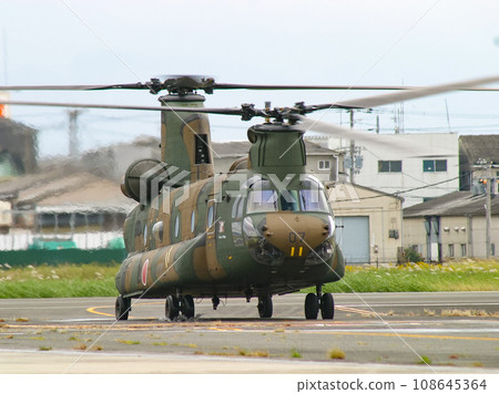 Ground Self Defense Force helicopter CH-47J preparing to take off 108645364
