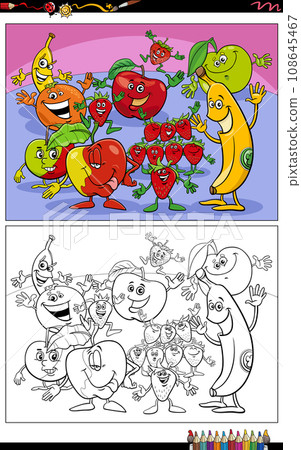 funny cartoon fruit characters group coloring page funny cartoon fruit characters group coloring page 108645467