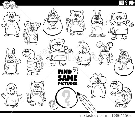 find two same cartoon pets activity coloring page 108645502