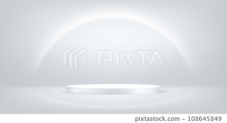 Abstract shine silver cylinder pedestal podium. Sci-fi white empty room concept with semi circle glowing neon lighting. Abstract shine silver cylinder pedestal podium. Sci-fi white empty room concept with semi circle glowing neon lighting. 108645849
