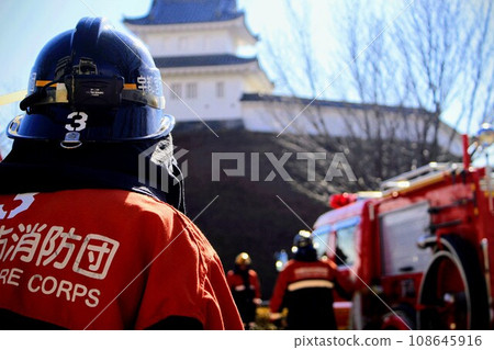 Rear view of fire brigade members 108645916