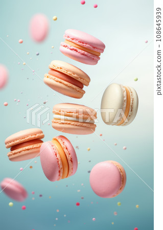 Different types of macaroons in motion falling on a colorful background 108645939