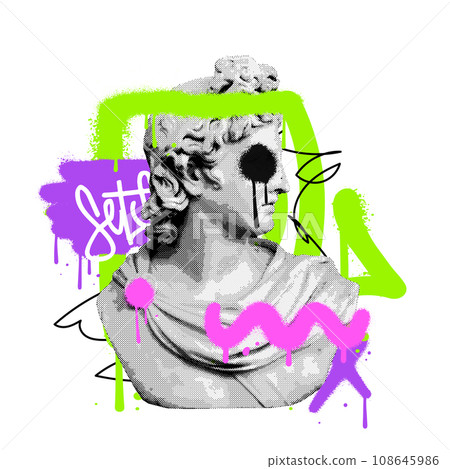 Urban street style vaporwave Ancient Greek statue with graffiti abstract strokes. Anti establishment Hipster graphic vector print for tee - t shirt. Halftone marble bust crossed out 108645986
