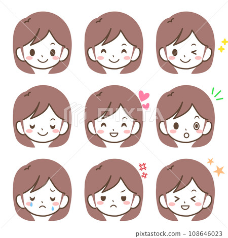 具有各種表情的女性臉部插圖集 3 108646023