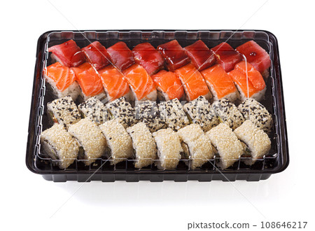 Sushi set in a delivery box on a white background 108646217