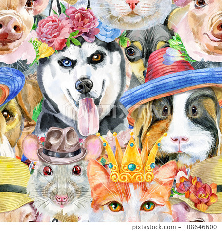Seamless pattern of of dog, guinea pig, cat, mini pig and rat. Watercolor pets illustration. Watercolor hand drawn illustration Seamless pattern of of dog, guinea pig, cat, mini pig and rat. Watercolor pets illustration. Watercolor hand drawn illustration 108646600