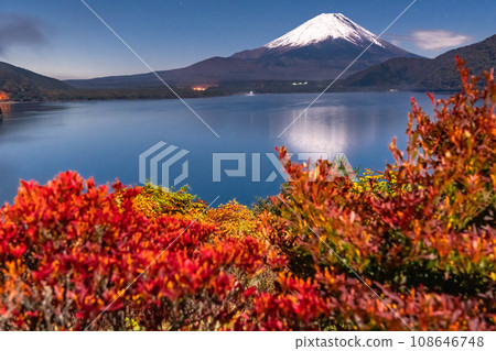 [Yamanashi Prefecture] Night view of Mt. Fuji and Lake Motosu in the moonlight 108646748