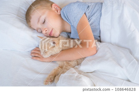 A child in bed cannot fall asleep, yawns, grimaces and plays with a ginger cat A child in bed cannot fall asleep, yawns, grimaces and plays with a ginger cat 108646828