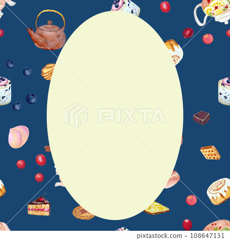 Watercolor teapot and desserts card on dark blue Watercolor teapot and desserts card on dark blue 108647131