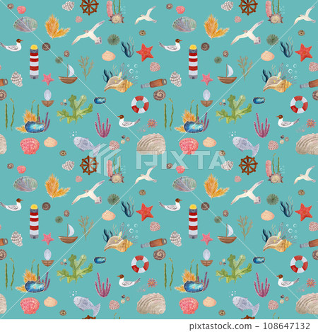 Watercolor underwater seamless pattern turquoise background 108647132