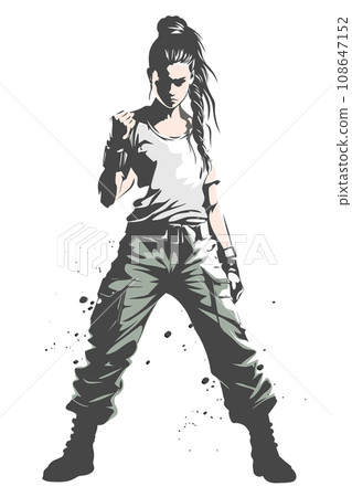 Girl in military style clothes raises a clenched fist. Girl in military style clothes raises a clenched fist. 108647152
