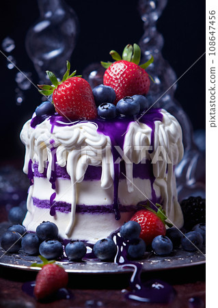 cake with berries and cream on a pink background, delicious and sweet food cake with berries and cream on a pink background, delicious and sweet food 108647456