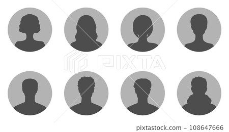 Abstract female and male portraits. Set of woman and man face silhouettes suitable for anonymous profiles, avatars or abstract gender icons. Vector illustration 108647666