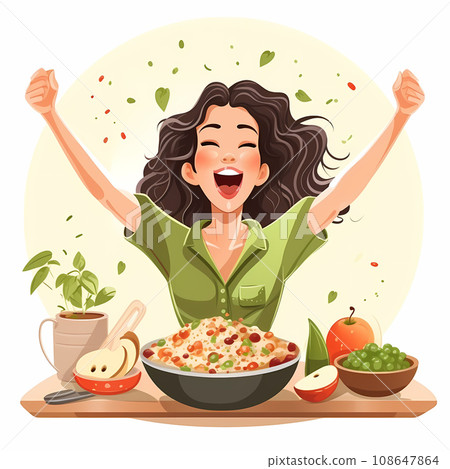 Eating healthy food. Young woman eats natural and organic products. Happy young woman smile on morning good emotion. Illustration Eating healthy food. Young woman eats natural and organic products. Happy young woman smile on morning good emotion. Illustration 108647864