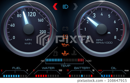 Car dashboard speedometer, tachometer, digital LED indicators for fuel and engine temperature. Vector realistic elements of car dashboard instrument cluster. Car dashboard speedometer, tachometer, digital LED indicators for fuel and engine temperature. Vector realistic elements of car dashboard instrument cluster. 108647915