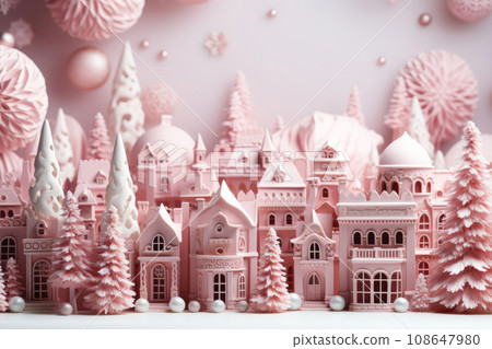 Christmas background with houses, fir trees, christmas balls in pink colors Christmas background with houses, fir trees, christmas balls in pink colors 108647980
