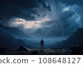Silhouette of a man standing on top of a mountain and watching the beauty of the natural landscape in a thunderstorm and lightning. View of the mountains and forest during a storm. 108648127
