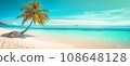 Panoramic image of a tropical beach with one palm tree on the seashore. Turquoise ocean wave, sunny day with white clouds, golden sand, rest, vacation, travel, paradise nature. 108648128