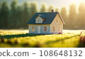Small model of a two-story wooden toy house on a lawn green grass in the rays of the midday sun. Buying real estate, renting, investing finance, mortgage. 108648132
