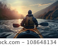 Colorful landscape in the rays of the setting sun. Man kayak in a vest along a calm wide river among beautiful landscapes of forests and mountains. 108648134