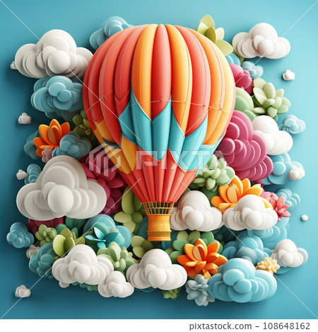 Colorful Hot Air Balloon Rising in a Surreal Cloudscape. AI generation 108648162