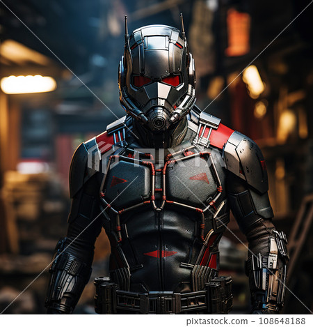 Robotic Suit Armored Hero Stands Ready in Industrial Workshop. AI generation 108648188