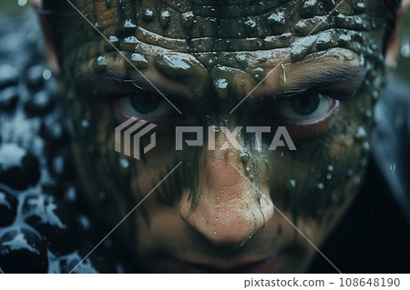 Man with Crocodile Skin Painted Face Staring Intensely. Close up. AI generation Man with Crocodile Skin Painted Face Staring Intensely. Close up. AI generation 108648190