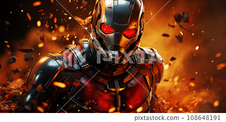Fiery Explosion Behind Advanced Armored Superhero Stance. AI generation Fiery Explosion Behind Advanced Armored Superhero Stance. AI generation 108648191