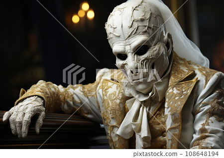 Skull Masked Figure in Golden Embroidered Jacket with Wedding Veil. AI generation Skull Masked Figure in Golden Embroidered Jacket with Wedding Veil. AI generation 108648194