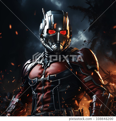 Futuristic Warrior in Armored Suit Against a Fiery Backdrop. AI generation 108648200