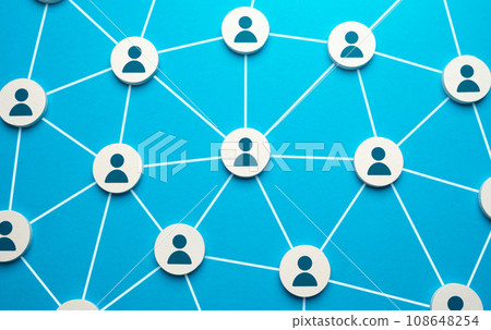 Corporate network of people relationships. Communication and interaction in a company or community. Society and public connections. Organization of work on complex projects. 108648254