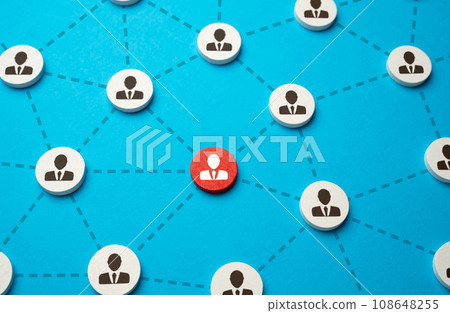 Red highlighted person in the network. Working relationships and involvement in work. Participation in a common project. Communication and cooperation. Red highlighted person in the network. Working relationships and involvement in work. Participation in a common project. Communication and cooperation. 108648255