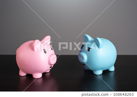 One piggy bank tells the news to his friend. News and events in the economy. Deposits and good savings conditions. Cashbacks and earnings. One piggy bank tells the news to his friend. News and events in the economy. Deposits and good savings conditions. Cashbacks and earnings. 108648263