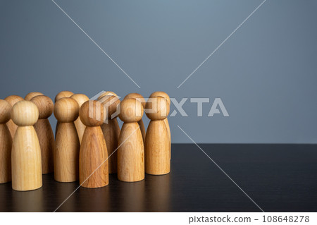 Crowd of people figurines. Social survey and public opinion, electorate. Population and citizens. Human resource, search for candidates. Personnel Management. 108648278